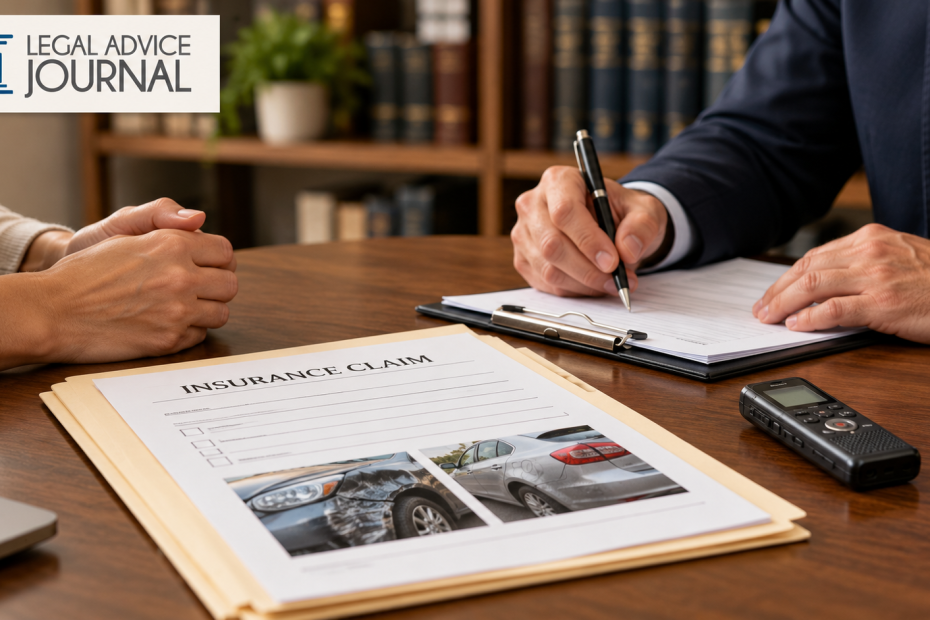 Insurance claim interview at a walnut desk